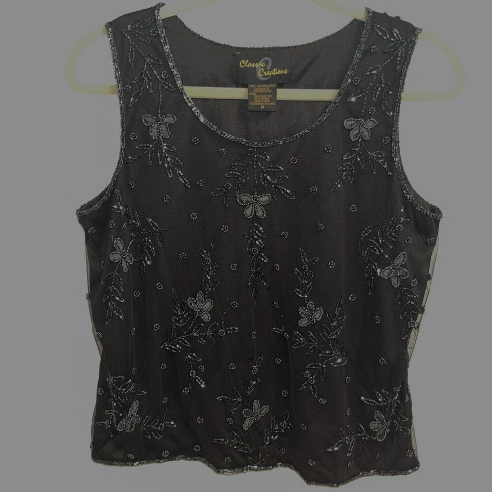 Elegant Classic Creations Black Beaded Lace Sleeveless Top Size M